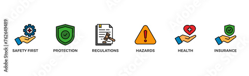 Work safety banner web icon vector illustration for occupational safety and health at work with safety first, protection, regulations, hazards, health, and insurance icon
