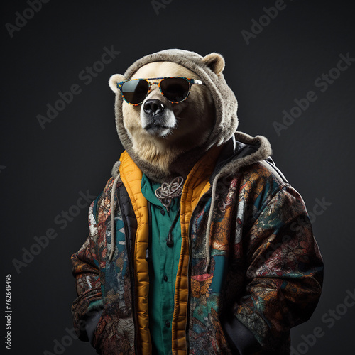 Cool looking bear wearing funky fashion clothes, standing in the studio 