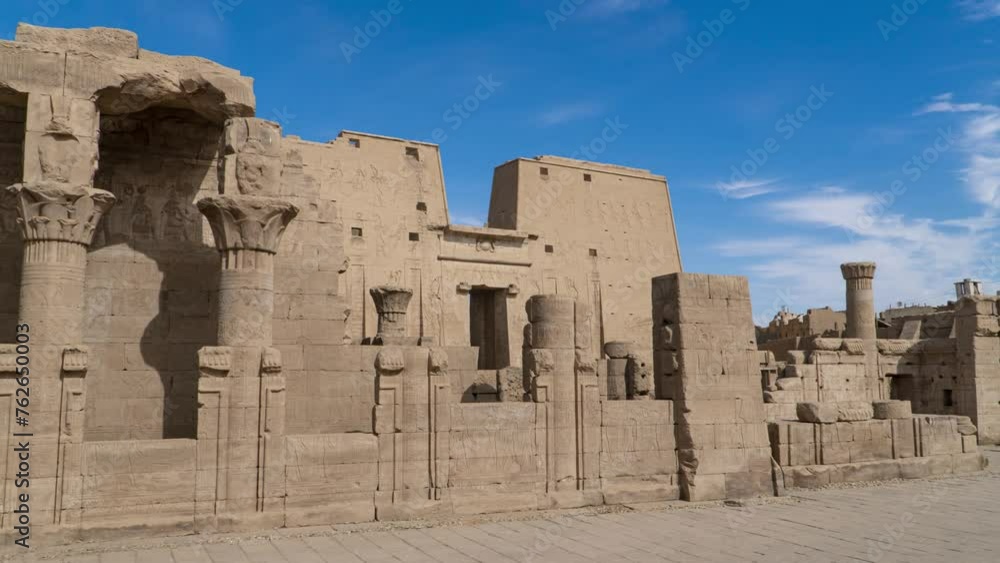 Ancient Egyptian temple in Edfu. Edfu also spelt Idfu, and known in antiquity as Behdet. Edfu is the site of the Ptolemaic Temple of Horus and an ancient settlement. Egypt. Ancient Egyptian temple in Edfu. Edfu also spelt Idfu, and known in antiquity as Behdet. Edfu is the site of the Ptolemaic Temple of Horus and an ancient settlement. Egypt.