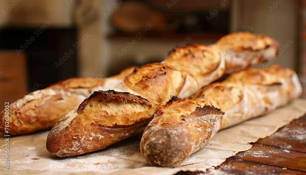 Rustic french baguette on kitchen table   traditional bakery concept with homemade bread