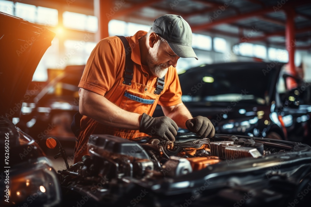 The mechanic carefully checks the car engine, the diagnostic process in the car engine The mechanic carefully checks the car engine, the diagnostic process in the car engine