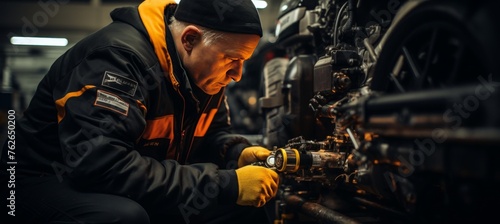 The mechanic carefully checks the car engine, the diagnostic process in the car engine