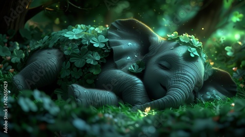  A pair of elephants, one lying in the grass with its head on top of the other, while the other stands up with its trunk pointing towards the sky