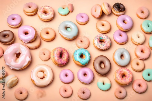 A plate of delectable, pastel-colored donuts on a soft, pastel peach background with a subtlegradient effect