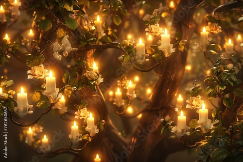 In a hidden grove deep within a mystical forest, a magical tree bursts into bloom, its branches adorned with an enchanting display of burning candles.