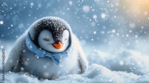  A penguin in snow with blue bowtie, eyes closed, head turned