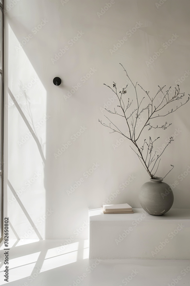 White wall with vase and window, Scandinavian minimalist interior design of a modern home entrance room in white. A vase sits on a shelf, with a book and small tree branch in a gray round jar.