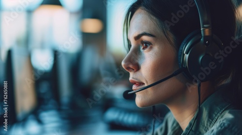 A female call center operator wearing a headset looks intently at the computer screen.