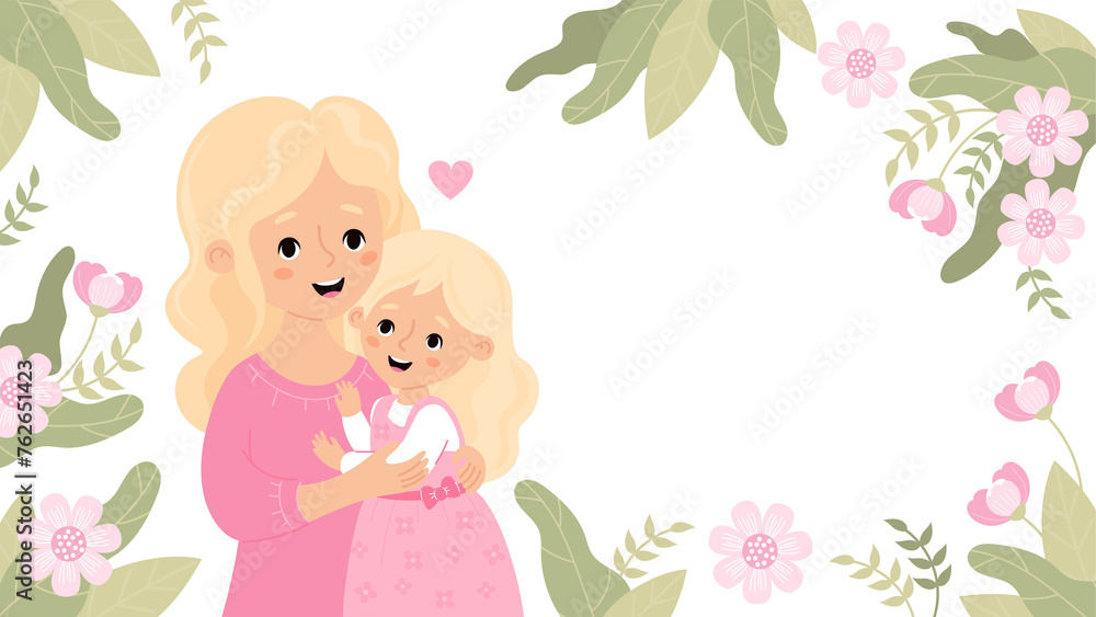 Cute blonde woman hugs daughter floral poster Cute blonde woman hugs daughter floral poster