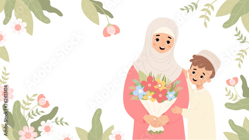 Happy muslim mother with son floral banner