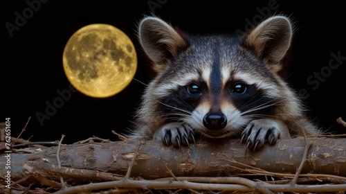  A raccoon facing the camera, with the moon behind it and a branch in front