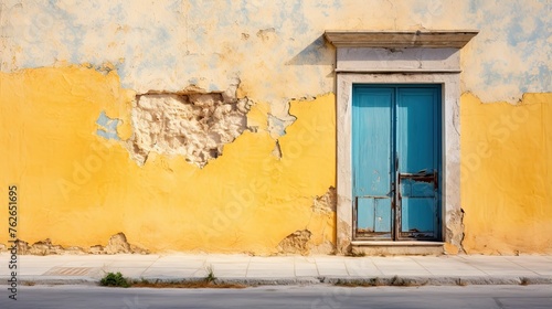 The dilapidated wall of the building and the wooden door require major repairs. Facade of a house with damaged plaster. Photophone for retro shooting. Illustration for cover, card, interior design.