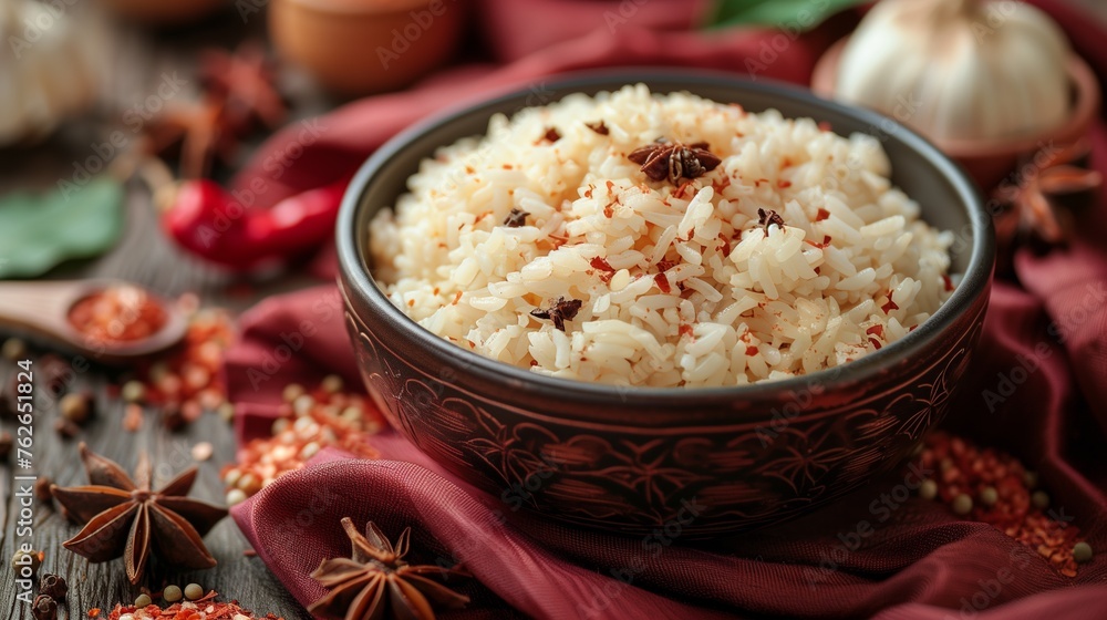 A bowl of freshly cooked rice is on the table. Generated by artificial intelligence. A bowl of freshly cooked rice is on the table. Generated by artificial intelligence.