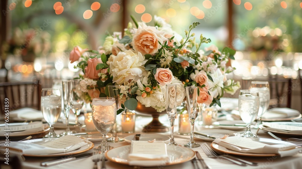 Elegant Table Set for Formal Dinner With Flowers and Place Settings