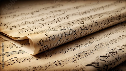 Vintage styled image showcasing rolls of classical music scores printed on aged parchment paper, conveying a sense of history