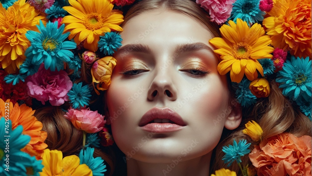 A woman with makeup lying amidst vibrant flowers, representing nature's beauty and femininity