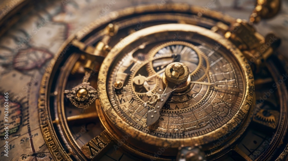 A vintage brass astrolabe, its intricate dials and gears calibrated to navigate the vast expanse of the celestial heavens with pinpoint accuracy.
