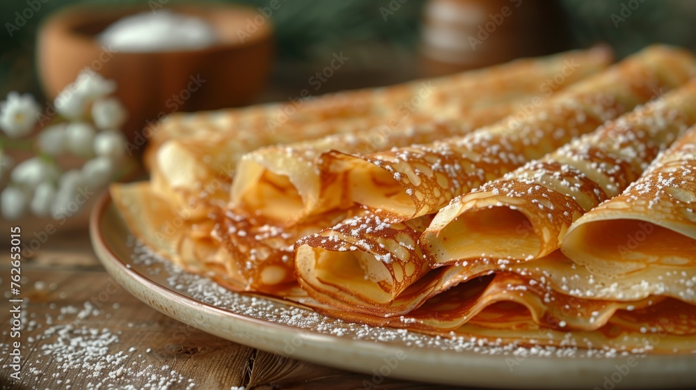Thin ukrainian pancakes with butter on porcelain plate. Generated by artificial intelligence.