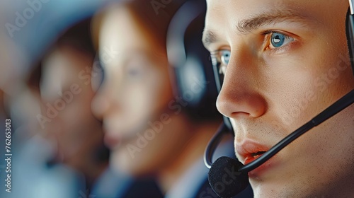 Male customer service dispatch operator. Consultant wearing headphones and with a microphone. Helpline specialist. Active sales manager in the office. Illustration for cover, brochure or presentation.