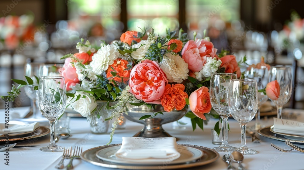 Elegant Table Set for Formal Dinner With Flowers and Place Settings Elegant Table Set for Formal Dinner With Flowers and Place Settings