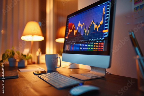 Stock market trading platform charts exchange graphs on pc computer screen. Financial technology online investment data digital money prices indexes crypto analysis and forecast background.