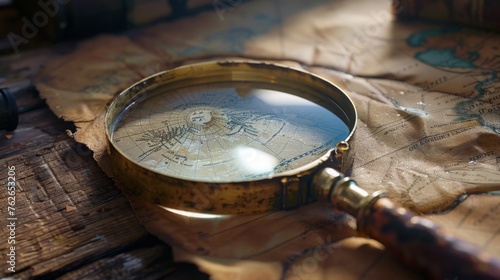 A vintage magnifying glass, its brass frame polished to a brilliant shine, casting a focused beam of light onto a weathered parchment map.