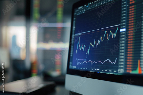 Stock market trading platform charts exchange graphs on pc computer screen. Financial technology online investment data digital money prices indexes crypto analysis and forecast background. © Synthetica