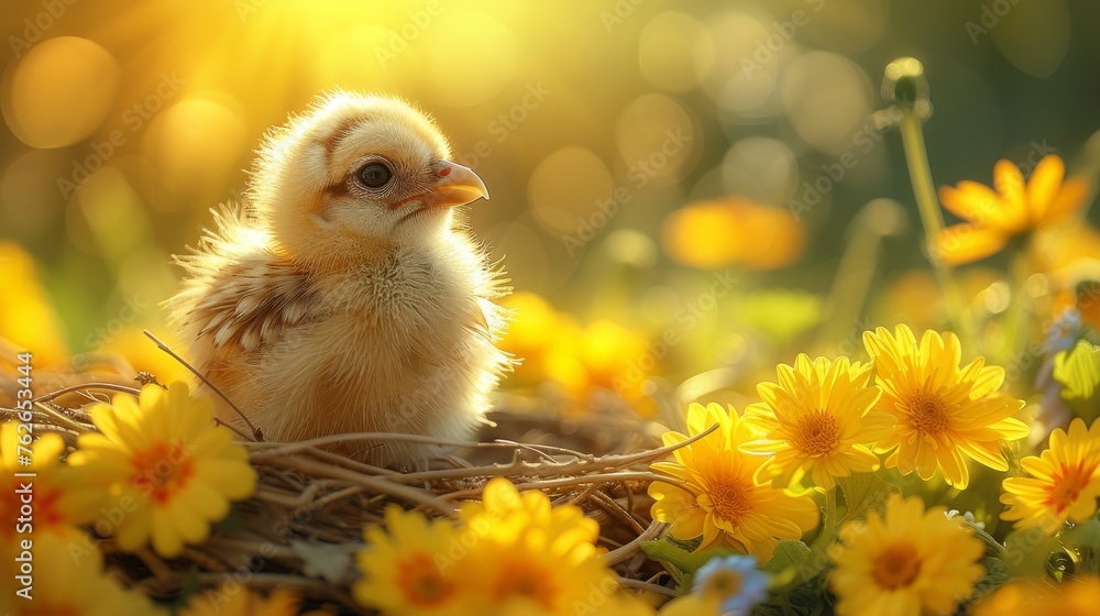 A tiny bird perched atop a reddish-yellow flower field, bathed in sunlight A tiny bird perched atop a reddish-yellow flower field, bathed in sunlight