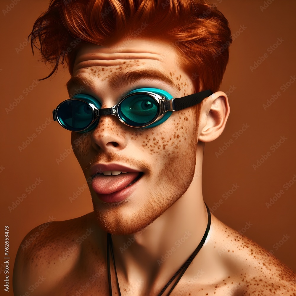 red-haired boy with freckles and a funny face, wearing blue diving goggles, summer vibes red-haired boy with freckles and a funny face, wearing blue diving goggles, summer vibes