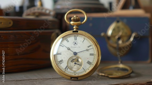 A vintage pocket watch, its brass casing polished to a brilliant shine, capturing the passage of time with timeless elegance.