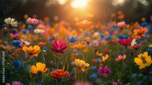 Vibrant Field of Colorful Flowers With Sun Background © ArtCookStudio