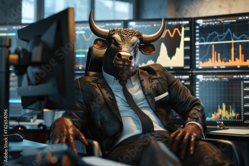 Bull stock trading investor trader analyzing finance charts as concept of stock exchange market rise, investment profit growth, growing economy, financial prosperity, success. Bullish stock market.