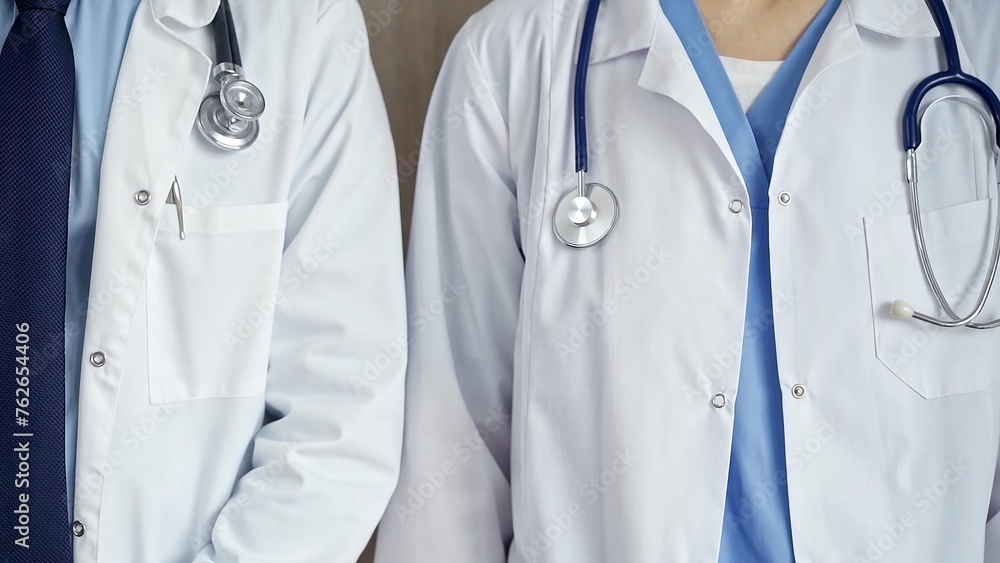 Professional healthcare team in uniform. Two doctors with stethoscopes are standing straight. Medicine concept Professional healthcare team in uniform. Two doctors with stethoscopes are standing straight. Medicine concept