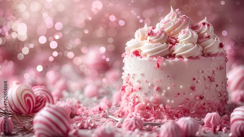  A cake with white frosting, pink sprinkles, & candy canes on a table in close-up