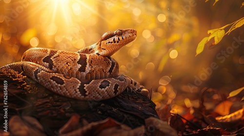 A snake basking in the warm sunlight amidst a forest floor