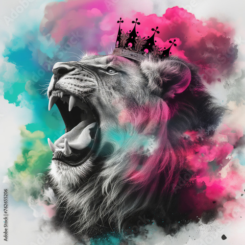 CREATE AND REALISTIC IMAGE OF A SCATCHED LION IN BLACK AND WHITE WITH A BLACK CROWN WITH ITS MOUTH OPEN WITH A CLOUD MULTICOLORED THAT A TEAL FUSCHIA PINK AND LIME GREEN photo