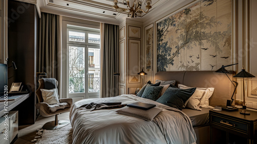 A combination of design elements in the Chinoiserie and French Art Nouveau styles  bedroom design in a modern hotel in the old city center