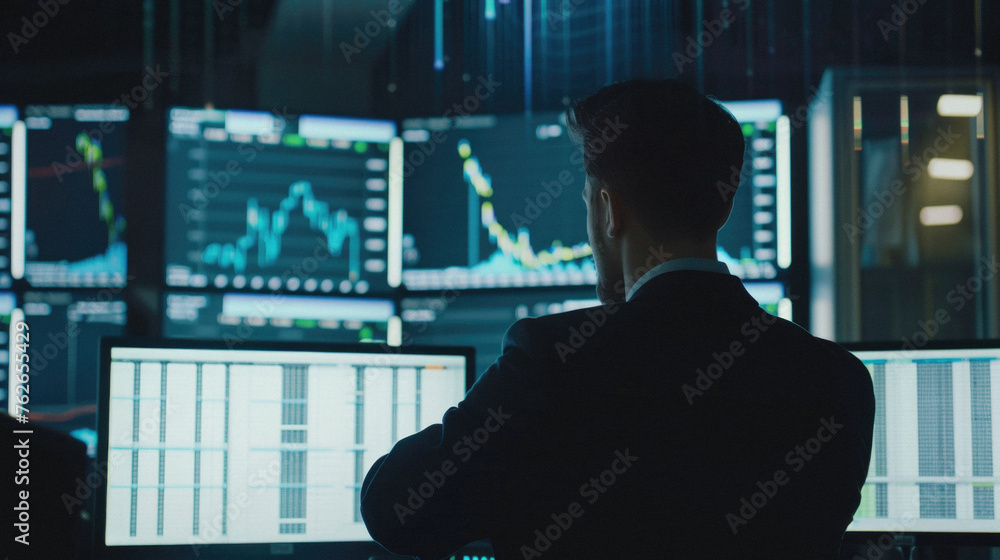 Stock trading investor, trader or broker analyst working analysing exchange market using computer investing money in financial market analyzing charts data looking at computer screen. Stock trading investor, trader or broker analyst working analysing exchange market using computer investing money in financial market analyzing charts data looking at computer screen.