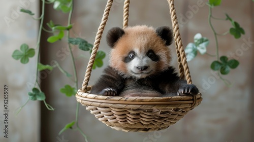  A brown and black panda bear resting on a wooden floor with a hammock next to a plant