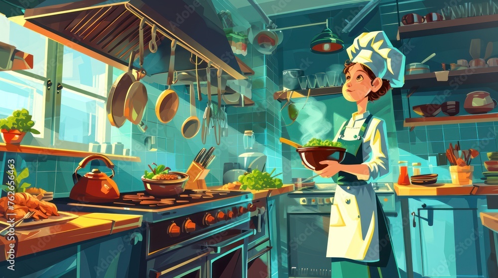 The chef stands in a large, well-lit kitchen. She is wearing a chef's hat and apron, and she is holding a bowl of vegetables in her hands.