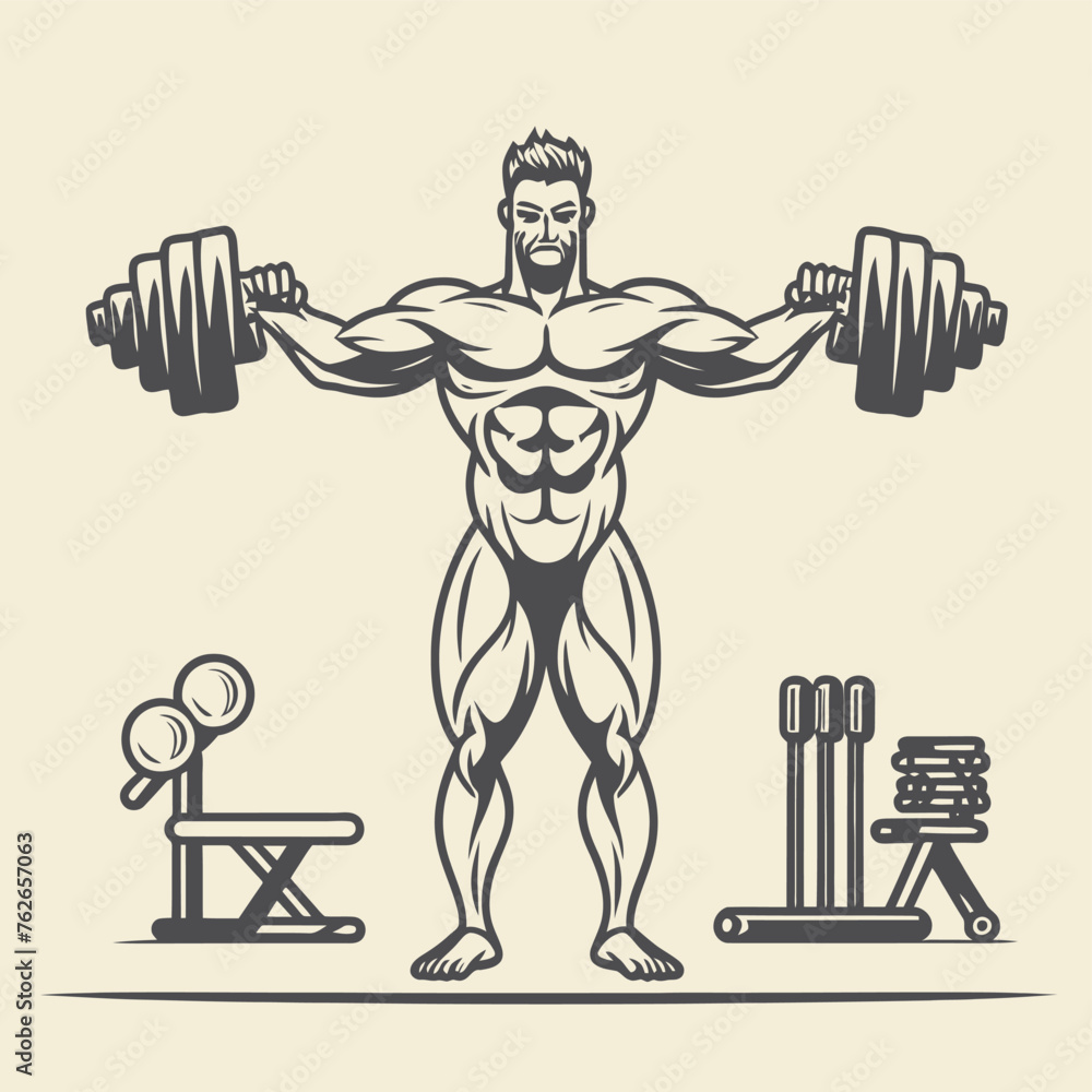 red white black modern style minimalist lines of a strong muscle pose strong body builder anatomy man at gym with bundle Doing exercises in all body positions using different gym equipment red white black modern style minimalist lines of a strong muscle pose strong body builder anatomy man at gym with bundle Doing exercises in all body positions using different gym equipment