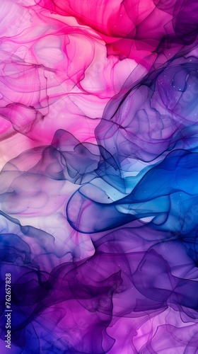 The image is a colorful abstract painting with purple and pink tones