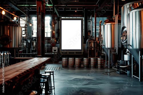 Vertical frame mockup in dark brewery bar interior photo