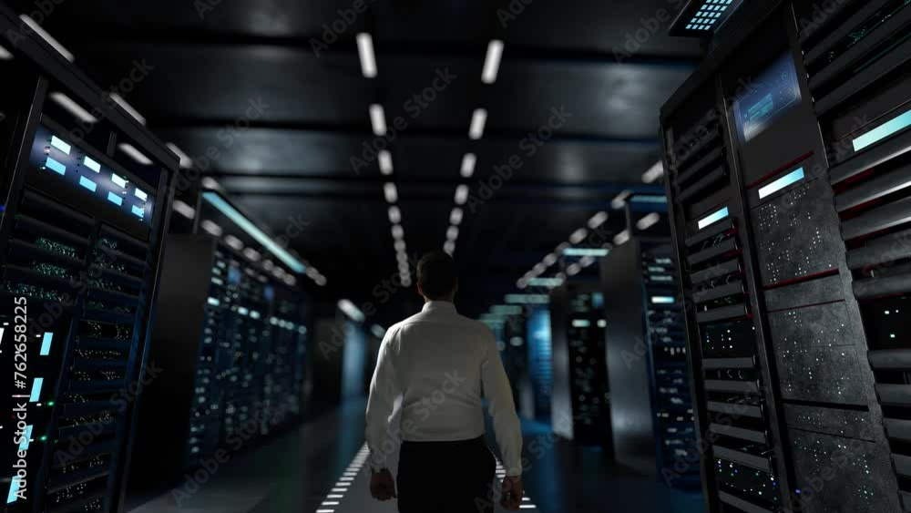 Internet der Dinge. IT Administrator Activating Modern Data Center Server with Hologram.