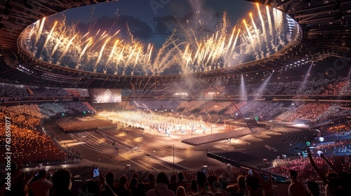Fireworks at Olympic Games opening ceremony in a stadium. Spectacular sports event celebration with audience.