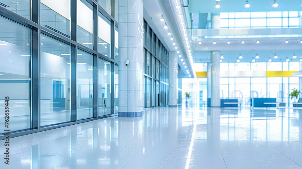 Modern building interior, showcasing architectural design and spacious corridors in a corporate or public setting Modern building interior, showcasing architectural design and spacious corridors in a corporate or public setting
