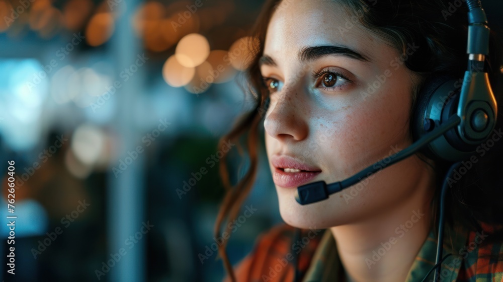 A woman dispatcher with a headset looks into the distance. A woman dispatcher with a headset looks into the distance.