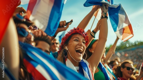 Joyful woman with red sequin tiara waving French flag at sporting event. Euphoric crowd celebrating victory.