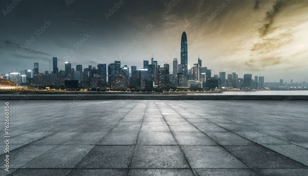 Concrete floor with cityscape and skyline background