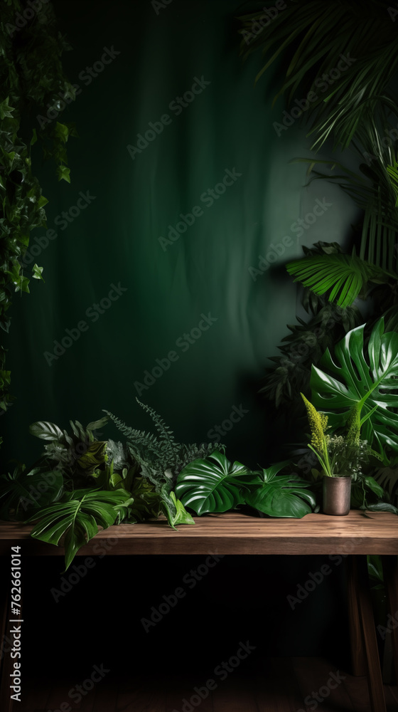 Studio photography shot, lush greenery, flowers, tropical background, overhanging leaves with a beautiful thick wooden tabletop for a product photo shoot